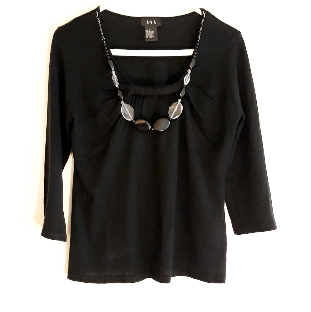 Vintage R.Q.T. Black Knit Twist Front Sweater with Bead Necklace Size Medium